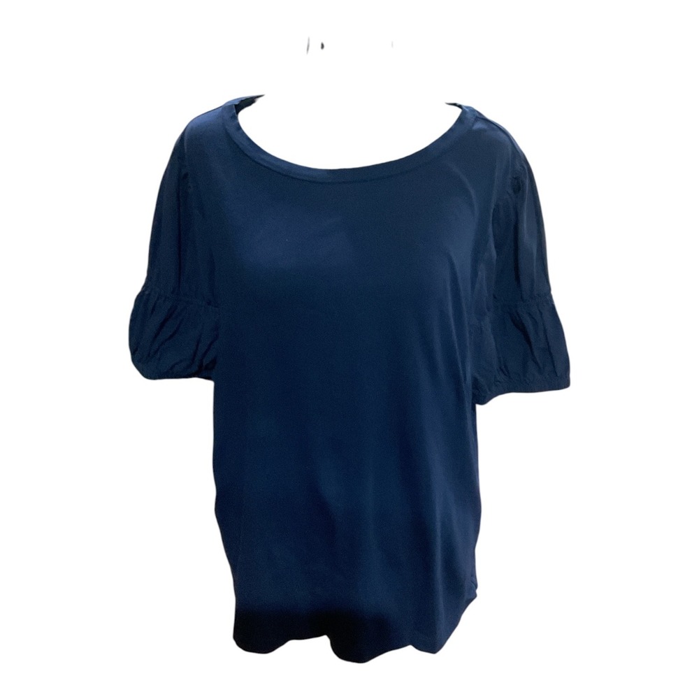 LOFT Womens Navy Blue Cotton Puff Sleeve Scoop Neck 100% cotton Sz L